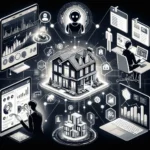 Real estate professionals using AI tools like chatbots, virtual tours, and predictive market analysis dashboards