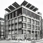 Black and white architectural rendering of a commercial building with solar panels and energy-efficient features, symbolizing CRE tax incentives for sustainability.