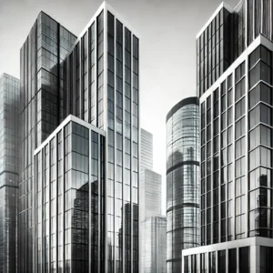 Modern commercial real estate buildings representing trends in 2025 with sleek architectural designs and clean lines.