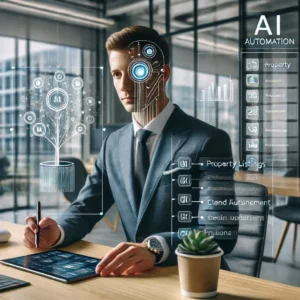 Real estate agent using AI automation tools for property management in a modern office setting.