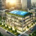 Commercial real estate building with solar panels and green landscaping representing sustainability