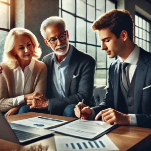 Older couple reviewing real estate investment and estate planning documents with a financial advisor in a modern office with natural sunlight.