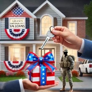 Veteran receiving keys to a new home with American flag in the background, representing homeownership programs for veterans in Kentucky.