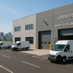 ast-mile logistics facility near a city center with delivery vans and a micro-fulfillment warehouse.