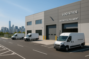 ast-mile logistics facility near a city center with delivery vans and a micro-fulfillment warehouse.