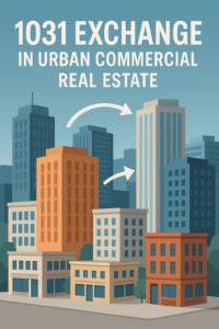 Urban commercial real estate buildings representing a 1031 exchange