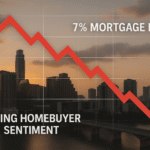 Downward-trending housing market graph over a city skyline at sunset, with 7% mortgage rates and falling homebuyer sentiment indicators.