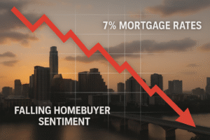 Downward-trending housing market graph over a city skyline at sunset, with 7% mortgage rates and falling homebuyer sentiment indicators.