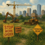 Construction site in a U.S. city showing signs of delay due to permitting and regulatory challenges.