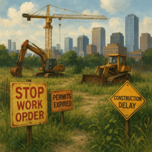 Construction site in a U.S. city showing signs of delay due to permitting and regulatory challenges.