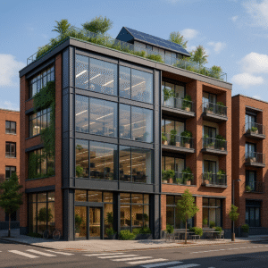 Renovated commercial building with modern amenities and sustainable design.